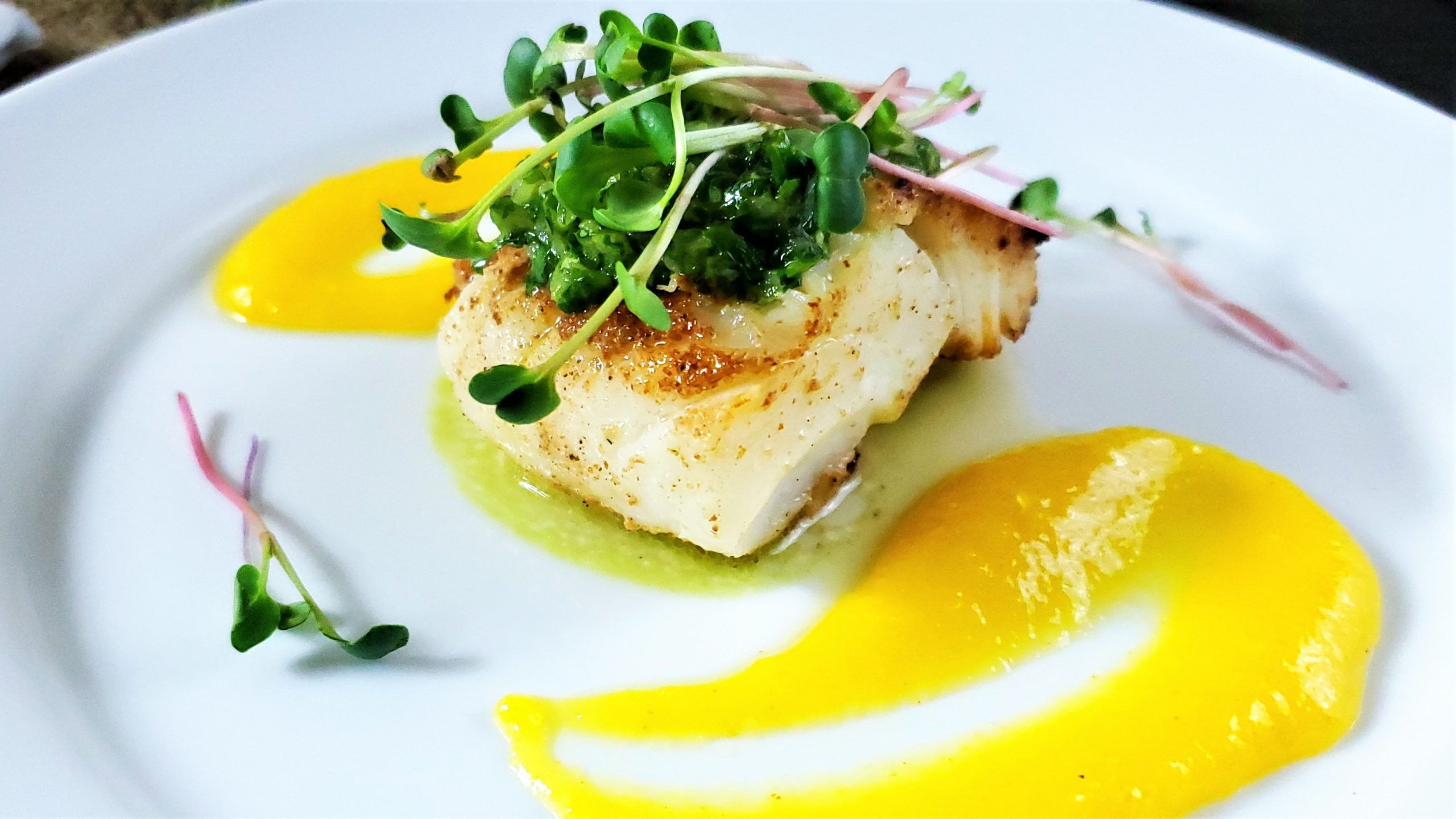 Seared Cod with Mango Curry Sauce and Cilantro Chutney - Bacon & Vodka